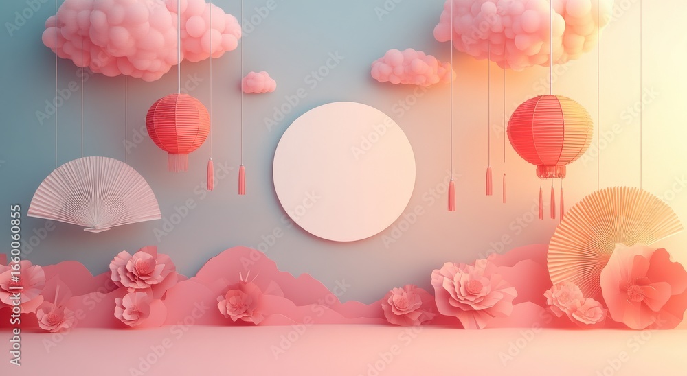 Aufkleber Minimalist 3D rendering featuring pink geometric elements with soft clouds and Chinese lanterns against a pastel background