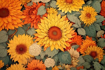 Fototapeta na wymiar Ukiyo-e art sunflower backgrounds pattern plant.