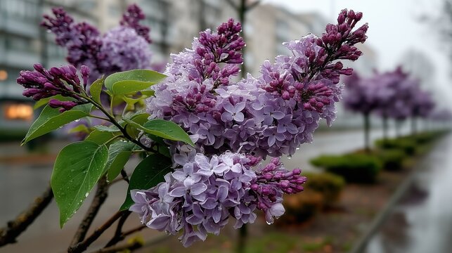close-up of a branch of blooming lilacs in the city