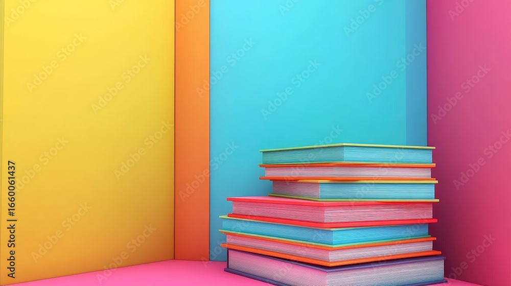 Poster vibrant stacking of geometric books with colorful walls in an abstract still life graphic display wi