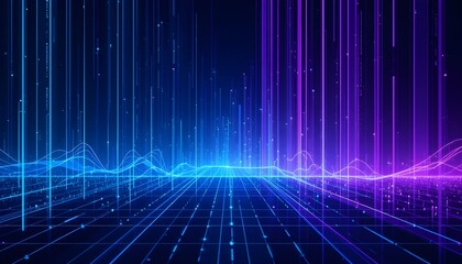 Futuristic Abstract Data Visualization with Glowing Gradient Lines and Dots on Dark Background.
