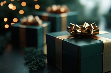 Elegant holiday gift boxes wrapped in dark green and gold ribbons, capturing the essence of Christmas and seasonal celebrations