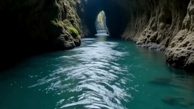 Subterranean river flowing slowly through narrow stone corridor in continuous motion