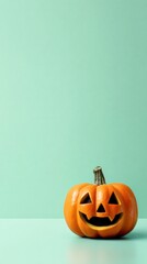 Carved Pumpkin on a Mint Canvas: A single, cheerful jack-o'-lantern, glowing softly against a backdrop of mint, embodies the spirit of Halloween with its friendly smile.