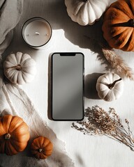 Seasonal tabletop flat lay with smartphone and decorative pumpkins.