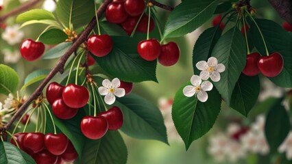 Fototapeta premium Ripe red cherries hang from a branch with white blossoms and green leaves