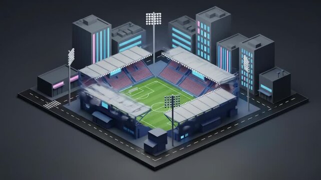 A 3d isometric illustration shows a modern soccer stadium surrounded by futuristic city buildings for a sports video game or architectural concept

