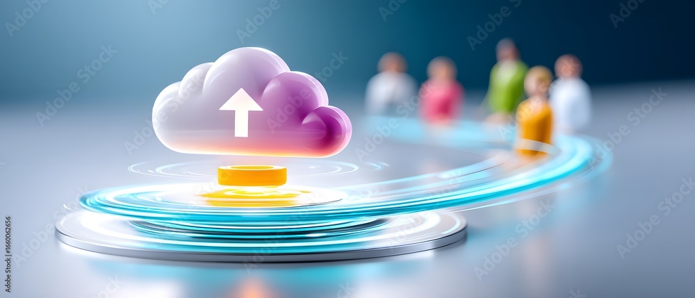 Aufkleber a digital illustration showing a cloud with an upward arrow, symbolizing cloud storage, with colorfu