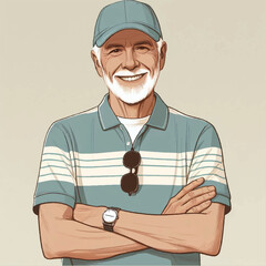 An illustration of a cheerful elderly man in a cap and T-shirt who has his arms crossed. Vector graphics. EPS.