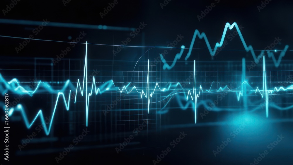 Poster abstract digital display with light blue waveforms