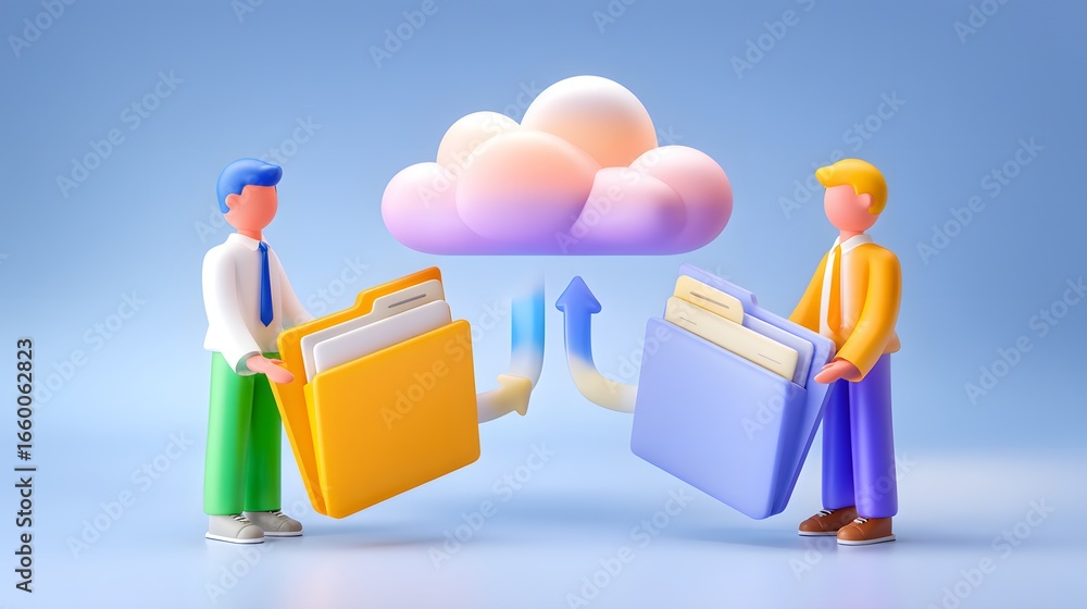 Poster two characters exchanging files under a cloud symbol, representing data transfer and cloud storage i