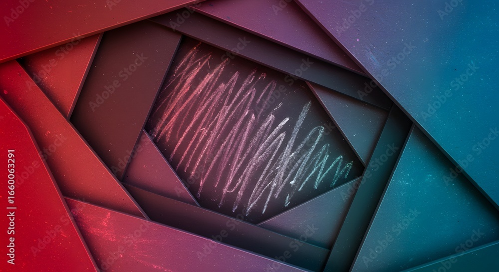 Poster abstract geometric composition with overlapping angular shapes in shades of red, blue, and gray, rev