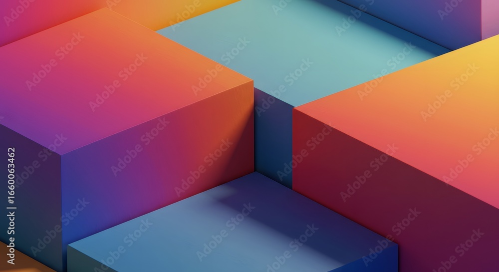 Poster abstract geometric composition featuring a series of colorful cubes arranged in a staggered, three-d