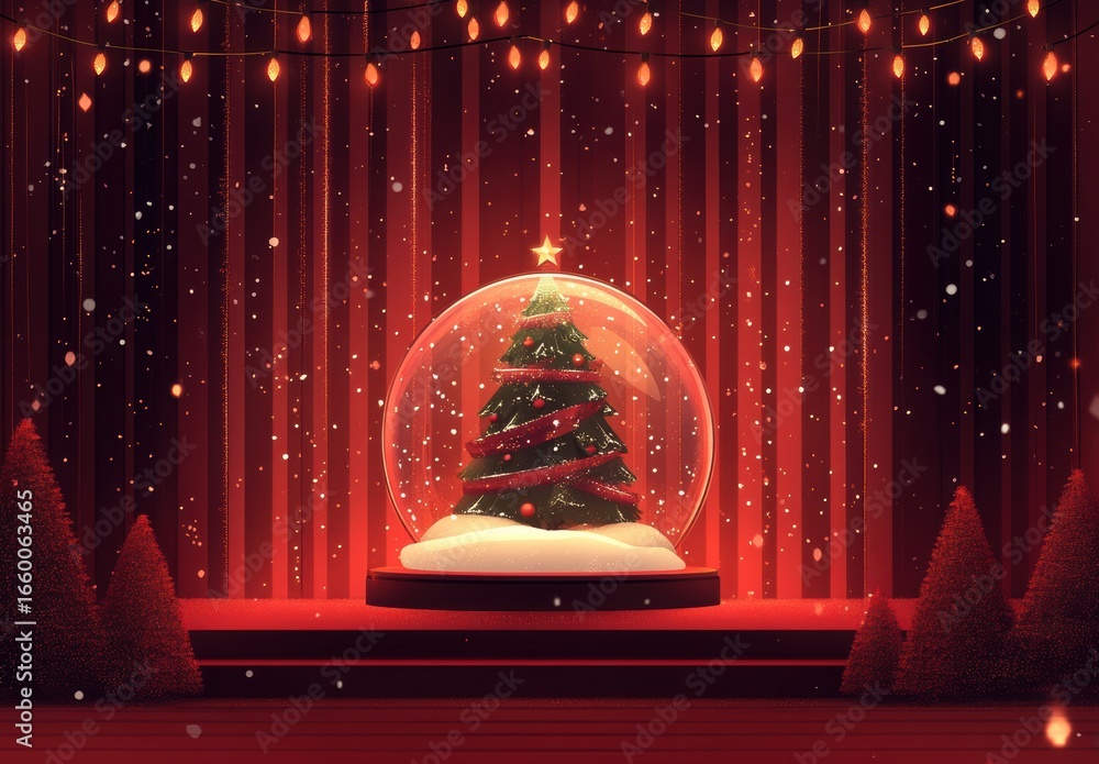 Poster magical christmas stage setting with a glowing snow globe centerpiece under string lights and fallin
