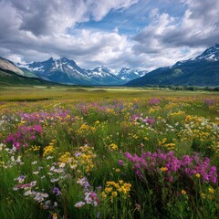 Fototapeta premium Wildflowers blooming in a lush pasture with distant mountains