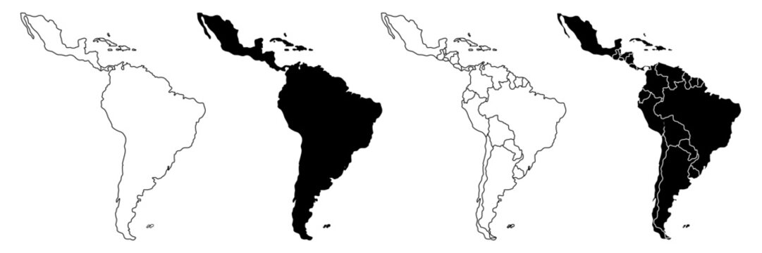 Latin America vector map in white background.Latin America political map. Low detailed. Solid simple style.Latin America map silhouette linear and black illustration. Black and white. Vector editable