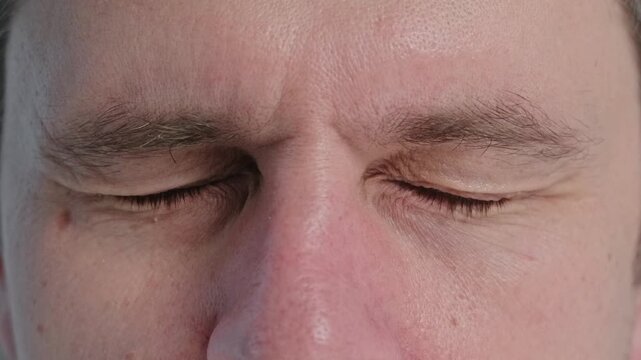 Man blinks rapidly, closeup of the eyes, concept of loading consciousness
