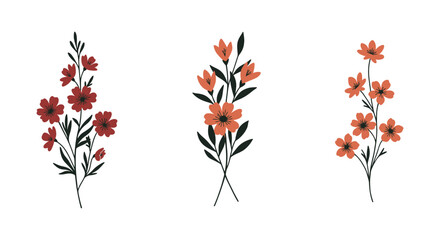 Three sets of flowers in red and orange colors with green leaves