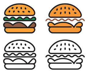 Vector Burger Icons Set | Fast Food Cheeseburger Outline and Color Clipart