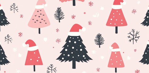 Charming Christmas tree pattern on pastel pink background with festive decorations and cute details