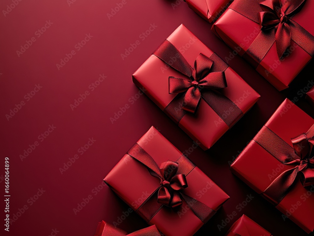 Poster elegant red gift boxes with silky ribbons perfectly arranged on a matching red background creating a