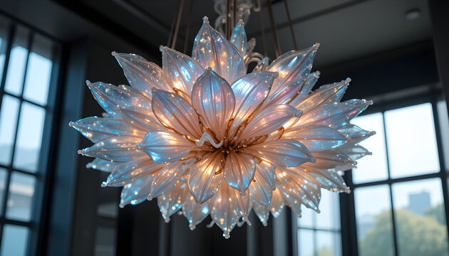 Iridescent Glass Flower Chandelier Hanging in Dark Interior