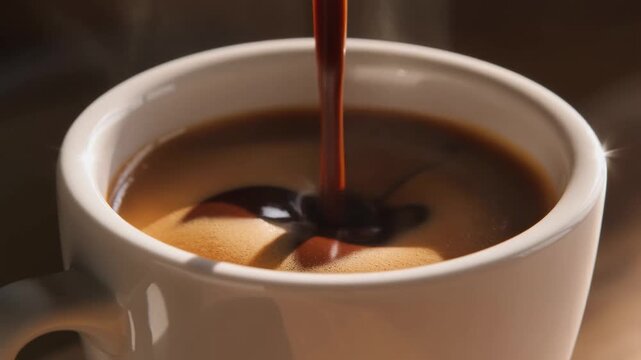 Beautiful slow motion macro shot of dark espresso pouring into white ceramic cup creating perfect crema with steam rising in warm morning light