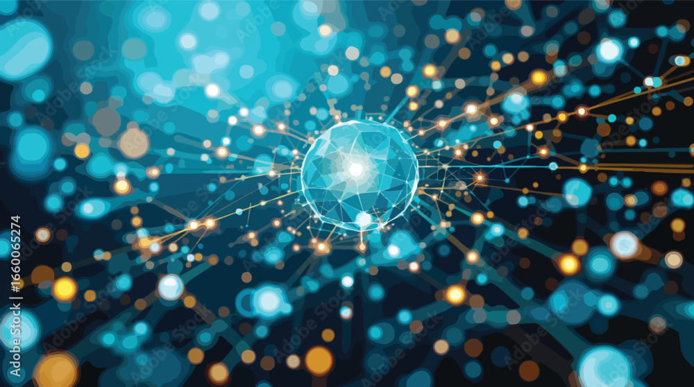 Poster abstract network of glowing spheres and connecting lines in deep blue and orange technology.