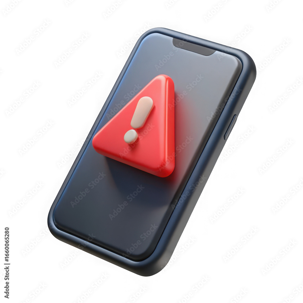 Poster smartphone with red warning triangle and exclamation mark isolated on transparent background