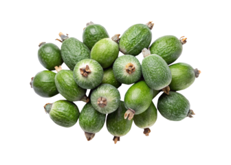 Pile of freshly picked Feijoa fruits on a white background, close up