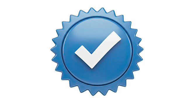 Shiny blue verified badge with white checkmark on black background