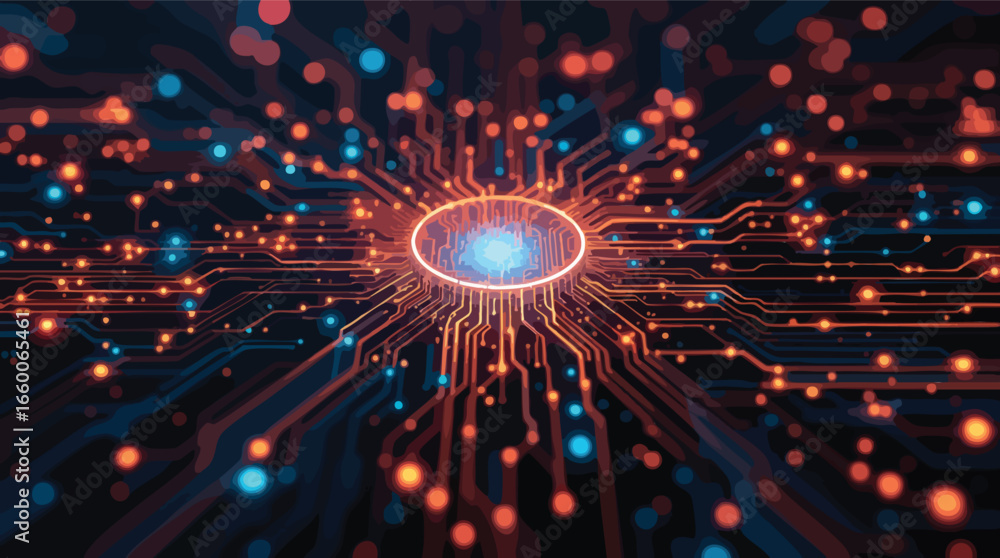 Aufkleber central glowing processor chip on a complex circuit board with radiating light technology.