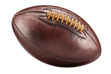 Leather American football against black background, showing detail of stitches