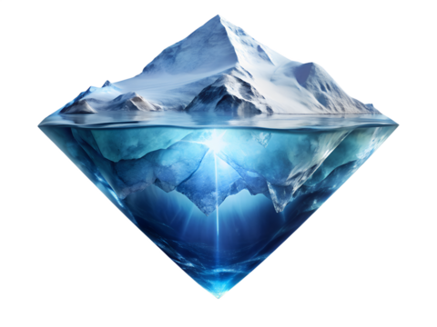 Iceberg mountain isolated on transparent background, a symbol of climate change and global warming, with melting ice and underwater depths