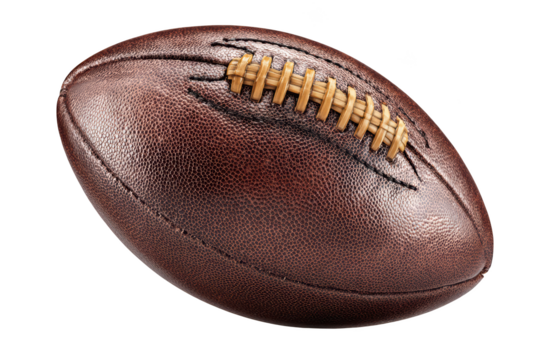 Leather American football against black background, showing detail of stitches