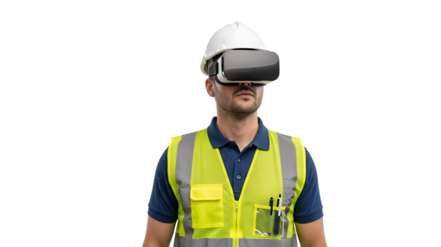 Professional Worker in Hard Hat and Safety Vest Utilizes Advanced Virtual Reality Headset for Immersive Industrial Training and Innovative Applications