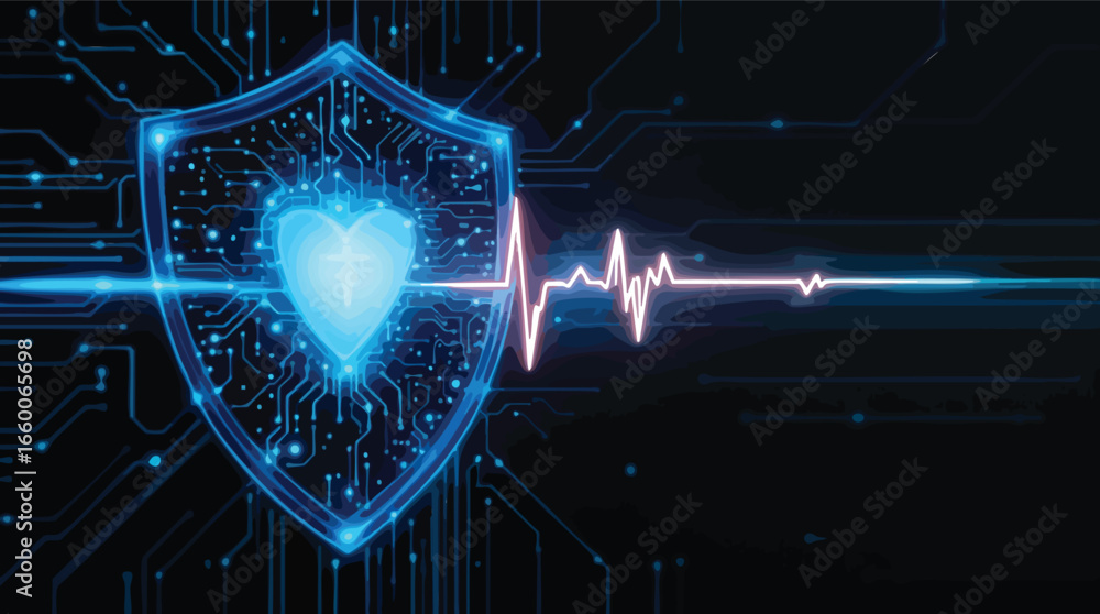 Aufkleber digital shield with heart symbol and ekg pulse on circuit board background protection technology.