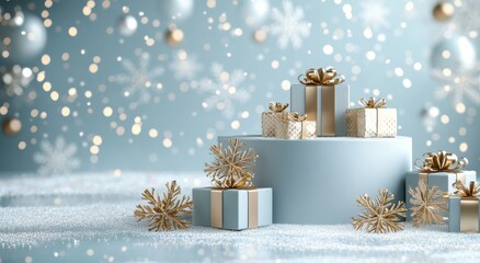 Elegant winter wonderland scene with blue gift boxes and golden ribbons set against a light blue snowy background featuring artistic golden snowflakes and frosted Christmas trees