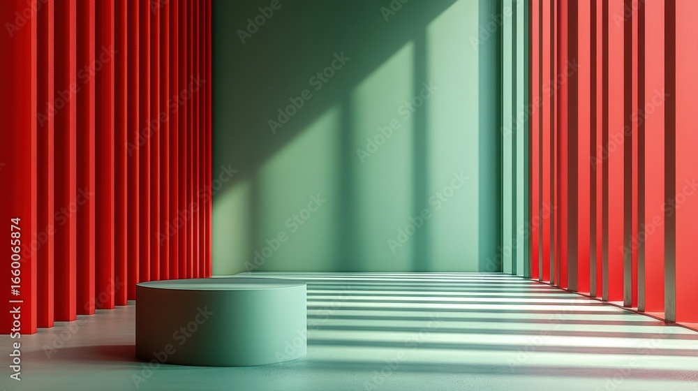 Poster minimalist green and red interior background with vertical lines and a circular podium for product d