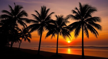 Tropical island paradise: palm tree silhouettes at sunset over the sea