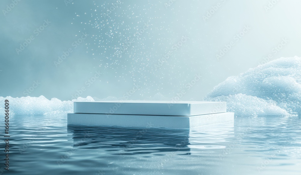 Poster minimalist stage design featuring a circular podium floating on water with bubbles rising gracefully