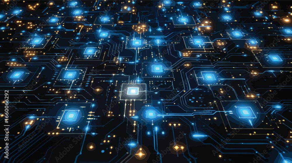 Poster overhead view of a complex glowing blue and gold circuit board with interconnected nodes technology.