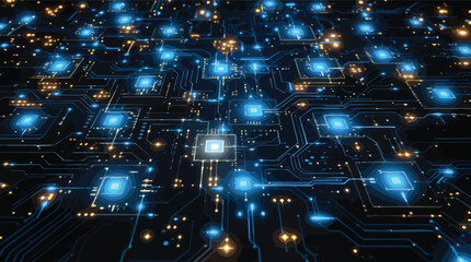 Overhead view of a complex glowing blue and gold circuit board with interconnected nodes technology.