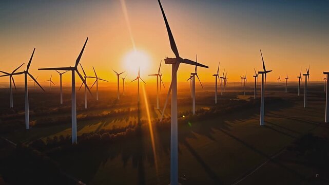 Epic aerial drone shot of vast wind turbine field at golden sunrise creating dramatic shadows with beautiful lens flare showing renewable energy power
