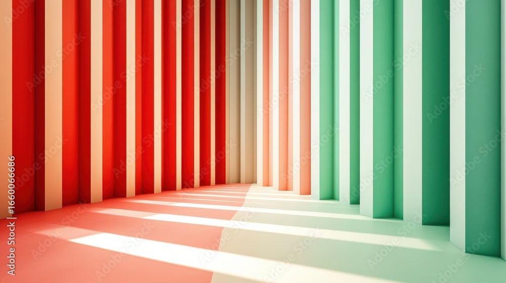 Poster minimalist interior with red and green stripes and sunlight streaming through windows creating geome
