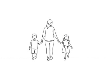 Minimalist Family Walk – Line Drawing of Adult and Children Holding Hands