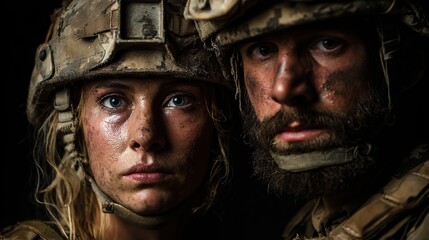 Fototapeta premium Dramatic portrait of young female and male soldiers in camouflage helmets with tired faces and sad expressions against dark background, symbolizing war trauma and emotional impact