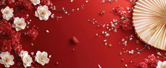 Delicate oriental floral composition with gold accents on rich red background for elegant décor