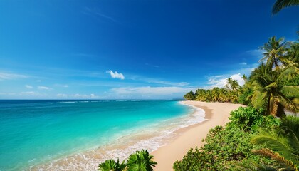 stunning island coastline with golden beach and vibrant blue sea under the midday sun tropical paradise concept
