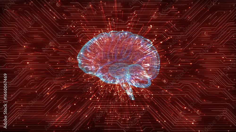 Aufkleber futuristic web quantum ai. 3d technology machine learning cyber attack brain hud. red digital techno